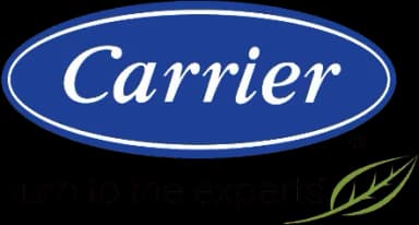 Carrier logo featuring blue oval with white text, green leaf element.