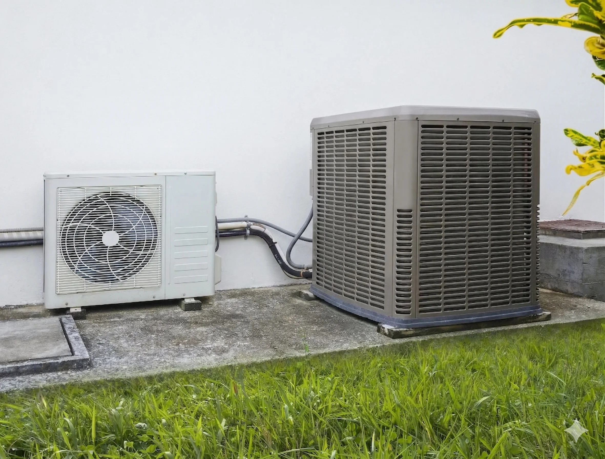 Two air conditioning units beside each other on a grassy area.