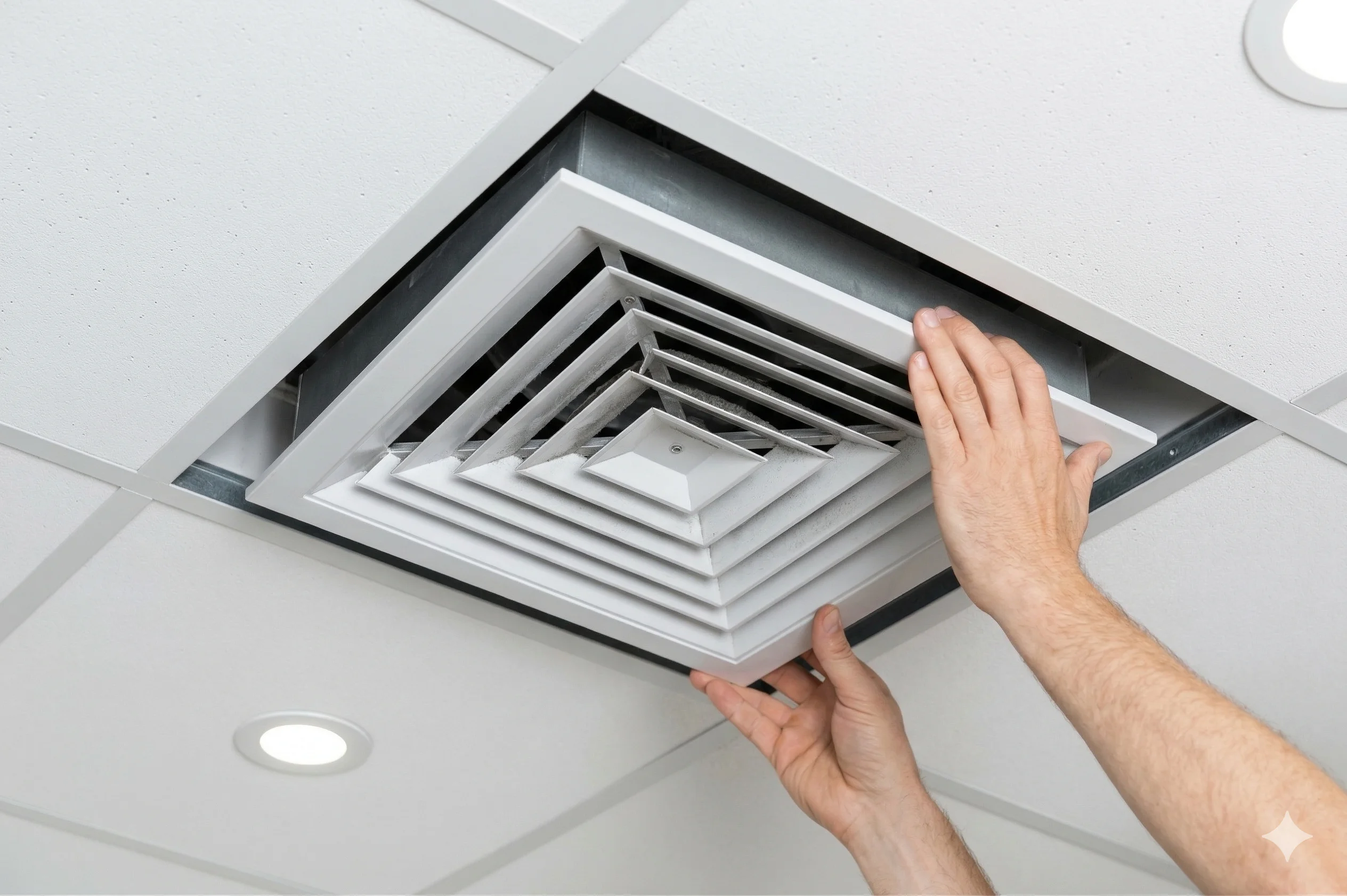 A person adjusting a ceiling air vent in a modern building.