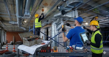 Construction workers installing ventilation system