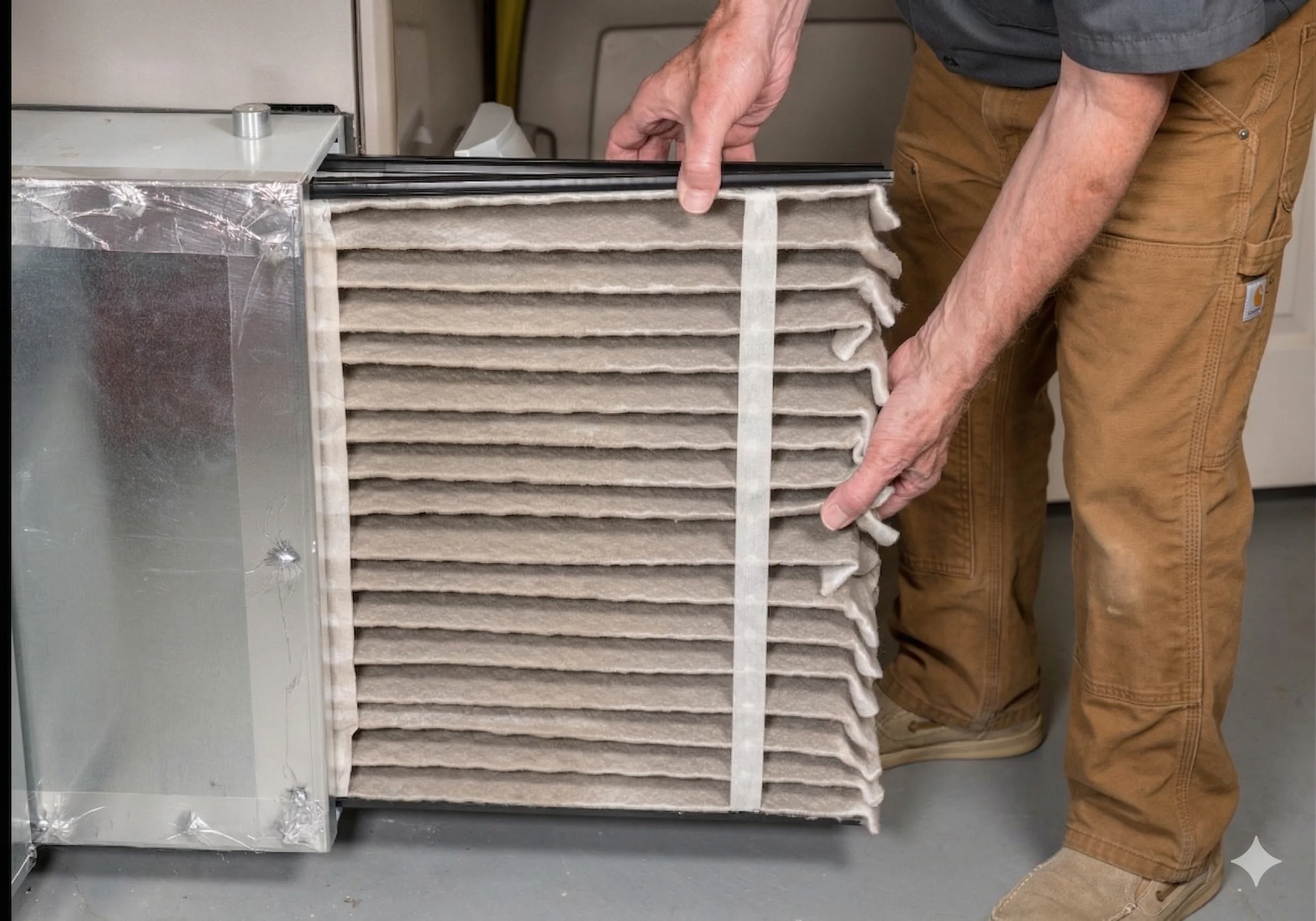 Person changing air filter in HVAC system