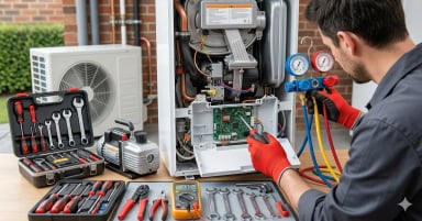 Technician servicing HVAC unit with tools and gauges.