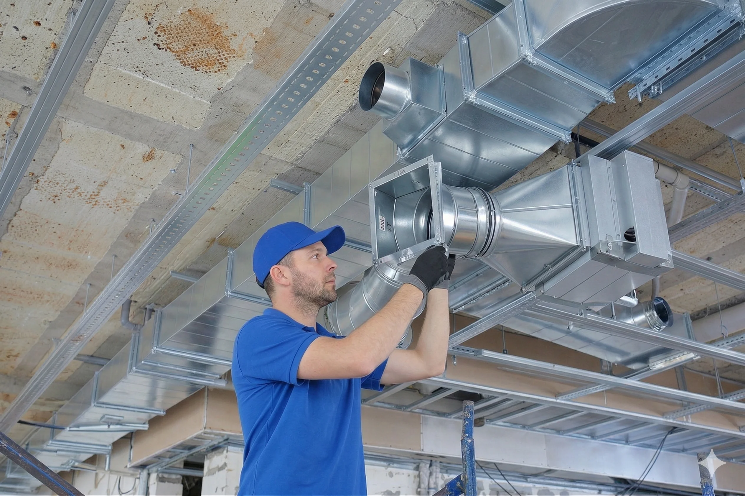Worker installing HVAC ductwork in a ceiling