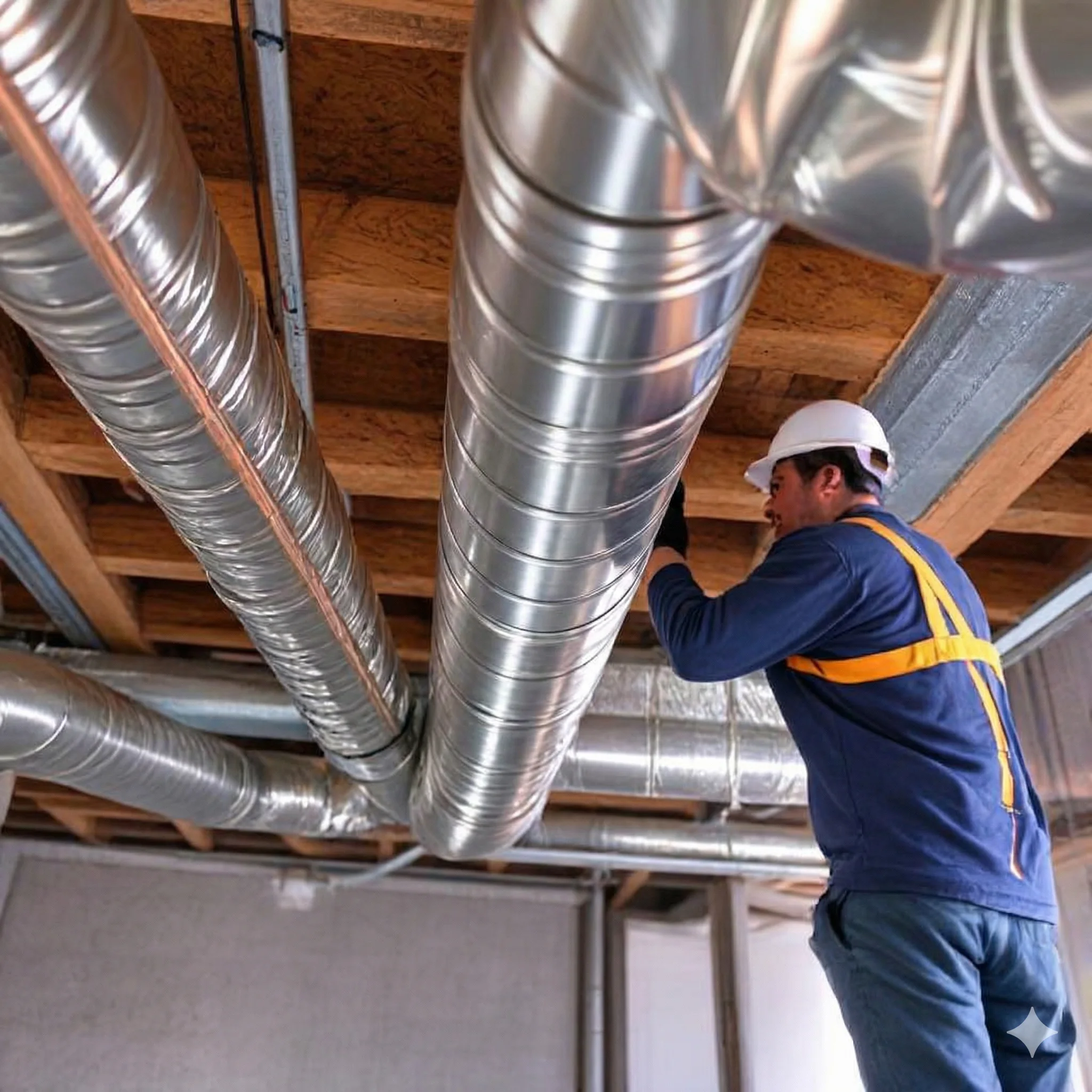 Worker installing metallic ducts in a building