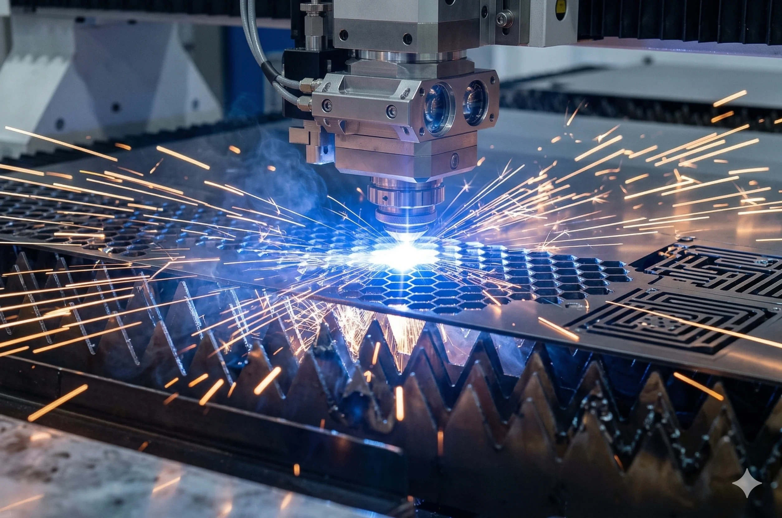 Laser cutting machine creating sparks during operation