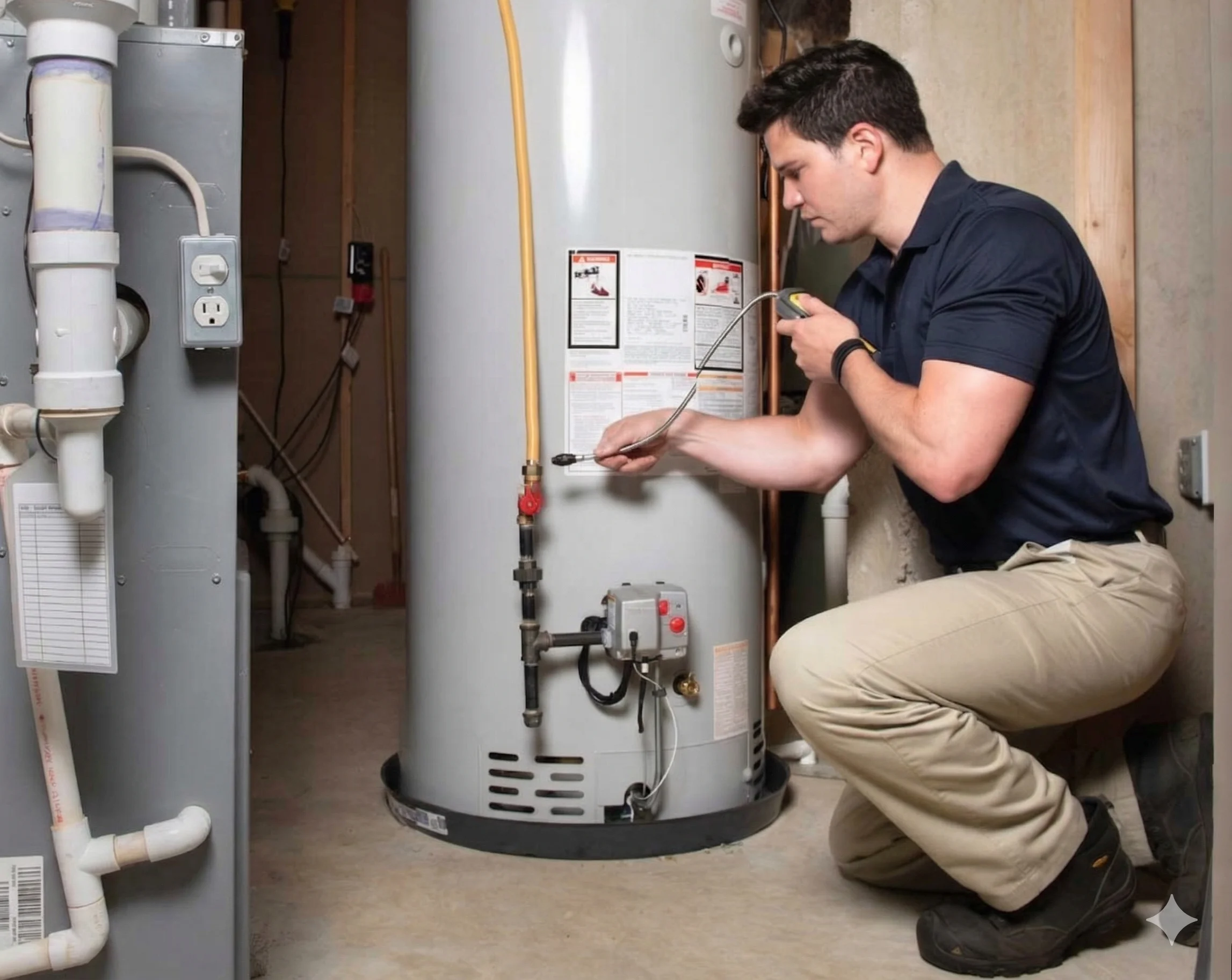 Plumber inspecting a water heater in a basement