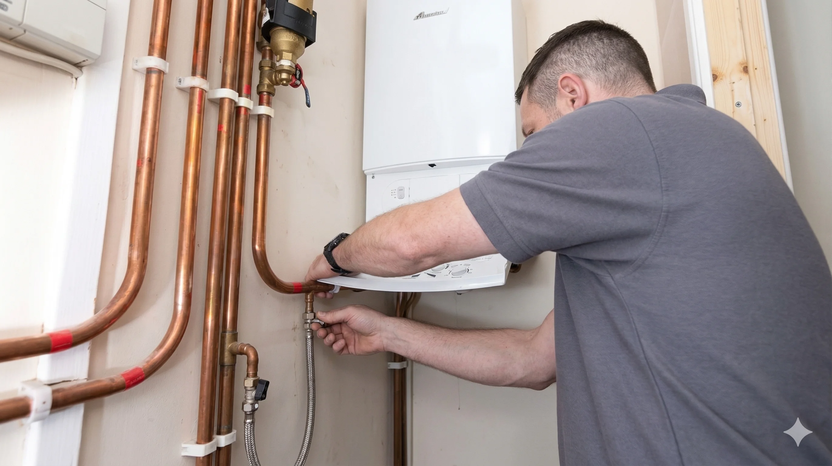 Man servicing a boiler with copper pipes