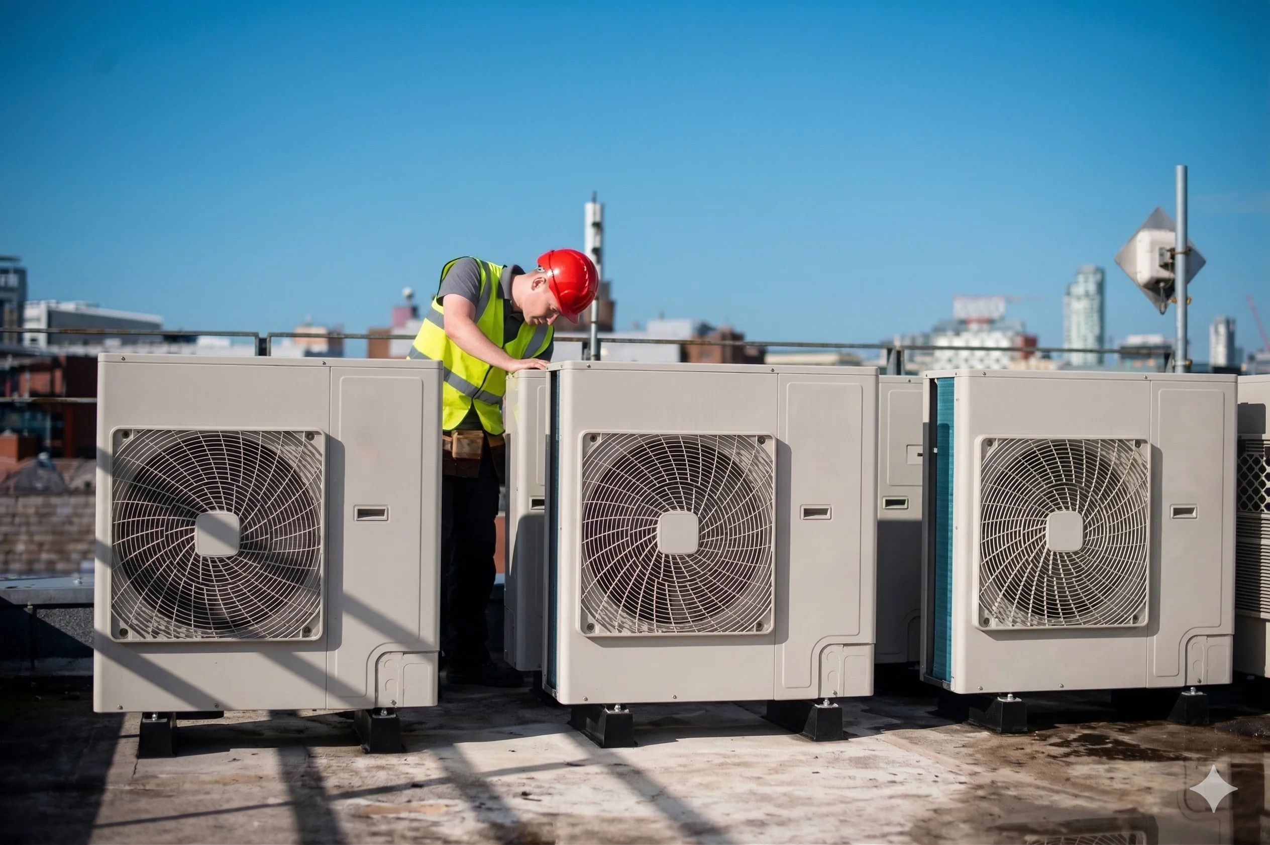 Technician servicing rooftop air conditioning units