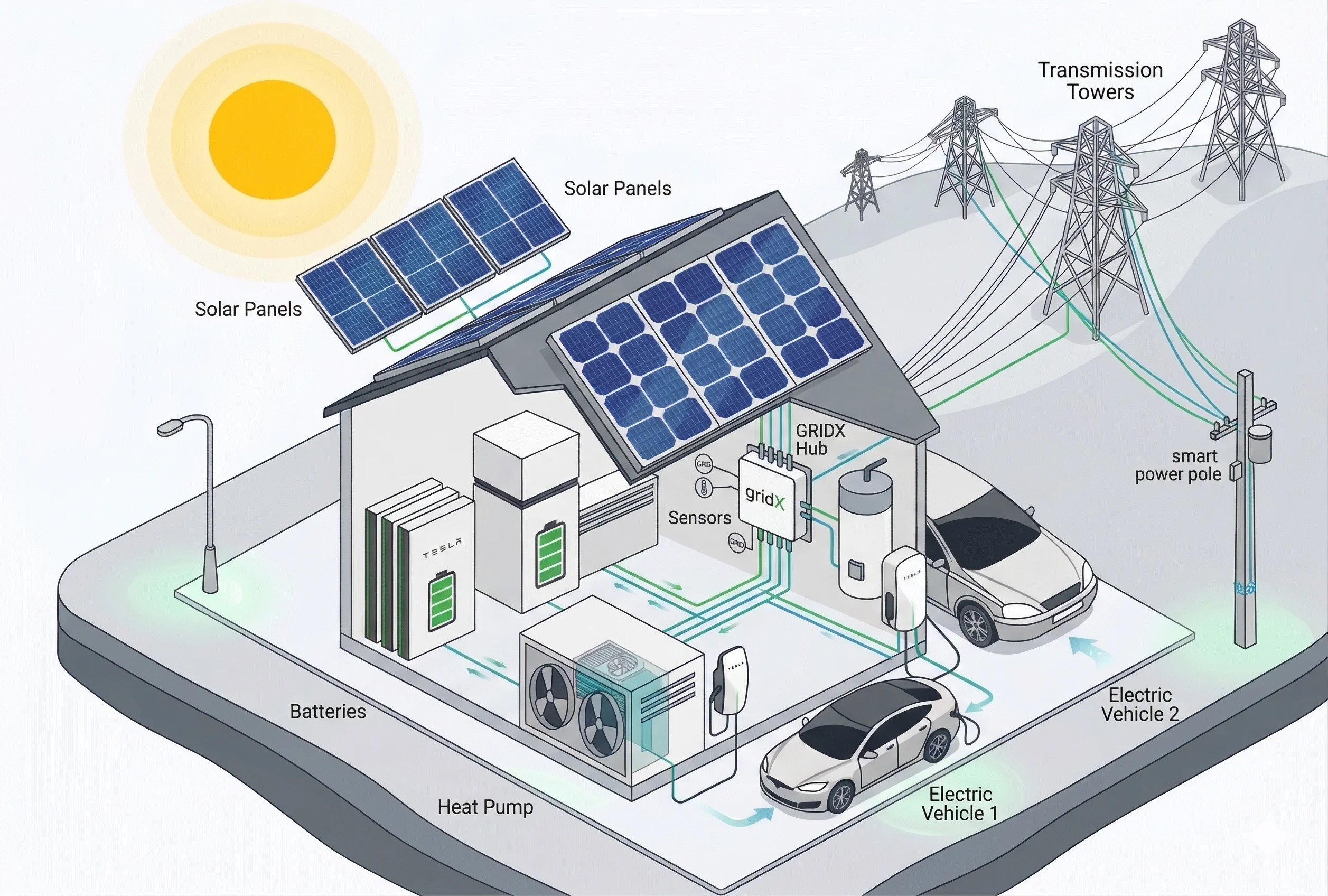 An illustration of a smart energy system with solar panels, batteries, and electric vehicles.