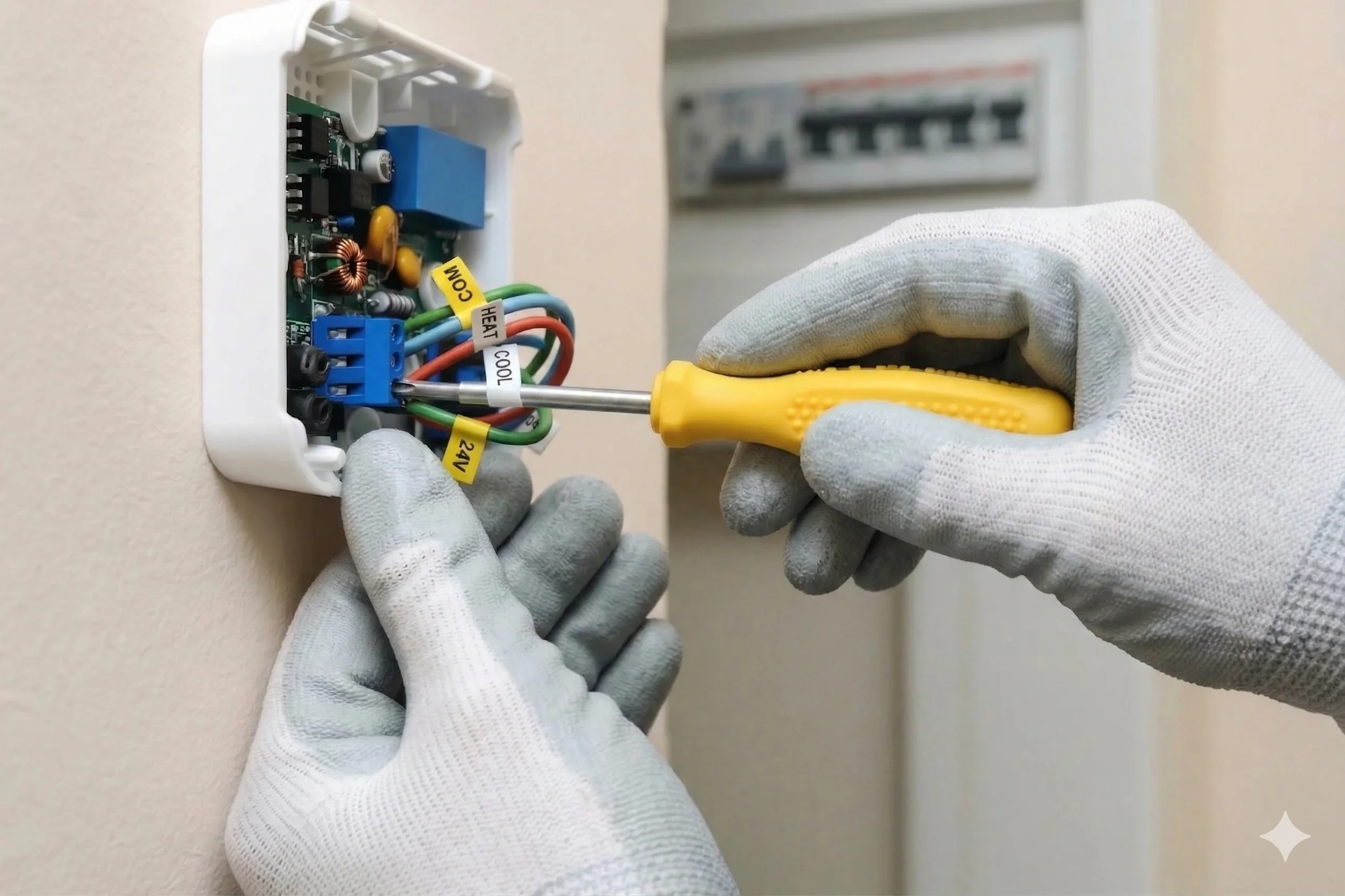 A technician adjusting a thermostat with tools.
